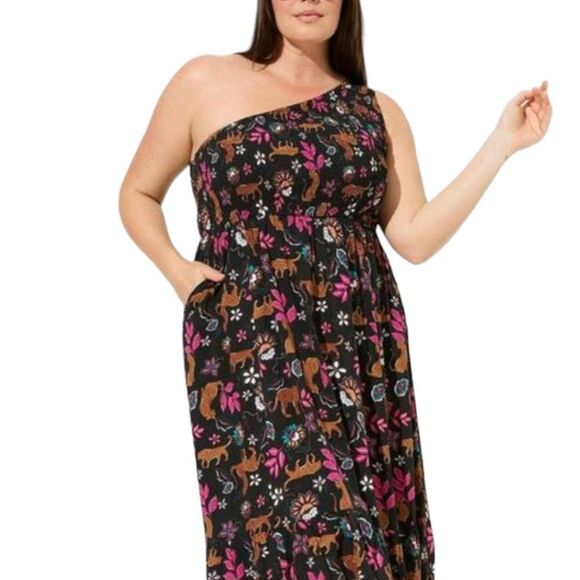 TORRID Midi Challis One Shoulder Tiered Dress With 🐆 leopard leaves print. - Picture 1 of 12